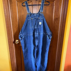 Carhartt Overalls Mens 50x30 Blue Denim Bib Workwear Darkstone Unlined R07-DST - Picture 1 of 5