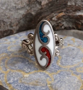 Vintage Turquoise Red Coral Inlay Silver Tone Ring Sz 8.5 Southwestern Native - Picture 1 of 5