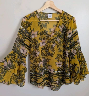 Blusa Top CAbi Manga Campana Chifón Transparente Boho Floral Chartreuse Dorado Verde XS Foto 1 de 4