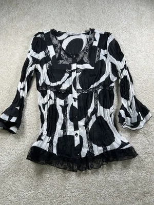 Top Signature Larry Levine M Negro Blanco Transparente Encaje Botón Cachicho Gótico Hada Oscura Foto 1 de 4