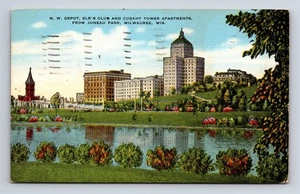 1957 NW Depot Elk's Club Cudahy Tower From Juneau Park Milwaukee WI Postcard - Picture 1 of 4