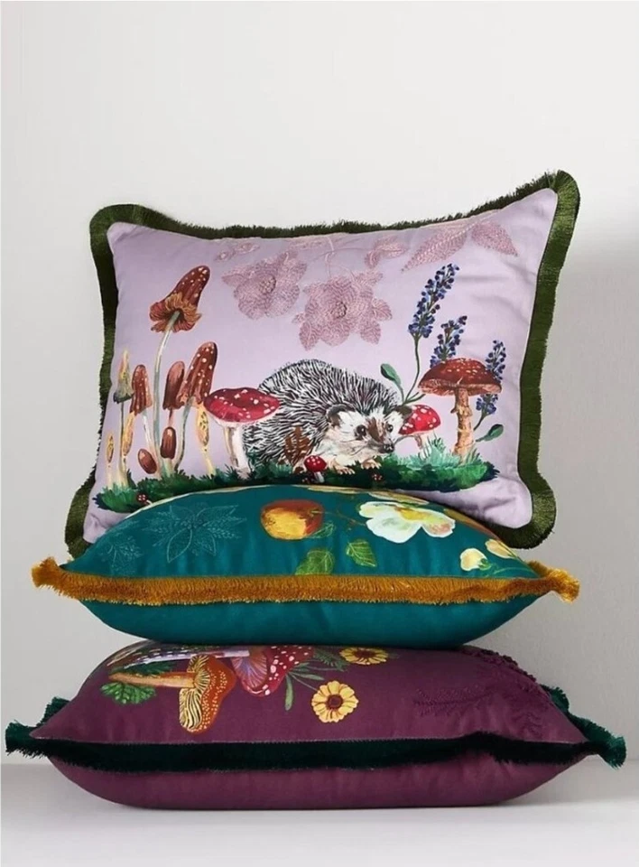 Anthropologie Nathalie Lete Embroidered Pillow Hedgehog Mushroom Pink 14×20 NWT - Image 1 of 4