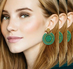 NICE Native Green Beaded Tassel Bohemian Drop Seed Beads Earrings Jewelry - Picture 1 of 6