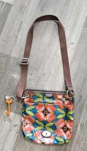 Cartera Bandolera Floral Fossil KEY-PER Lona Recubierta Marrón Correa Ajustable 11" - Imagen 1 de 11