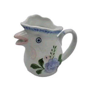 Rooster Ceramic Mini Creamer Hand Painted Purple Flower Ruffled Edge 2 oz - Picture 1 of 12