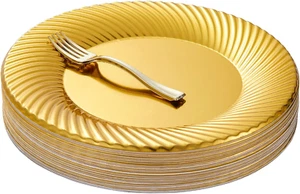 60Pcs Gold Plastic Dessert Plates with Mini Forks, Include 30Pcs Disposable Dess - Picture 1 of 12
