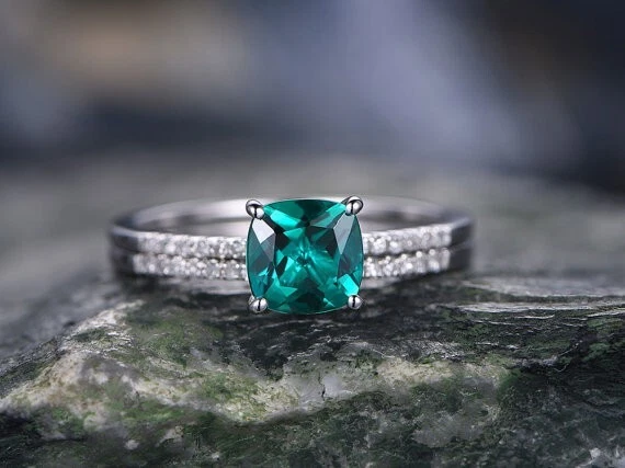 1.25 Ct Cushion Cut Natural Emerald Diamond Engagement Ring 14K White Gold Size6 - Image 1 of 4