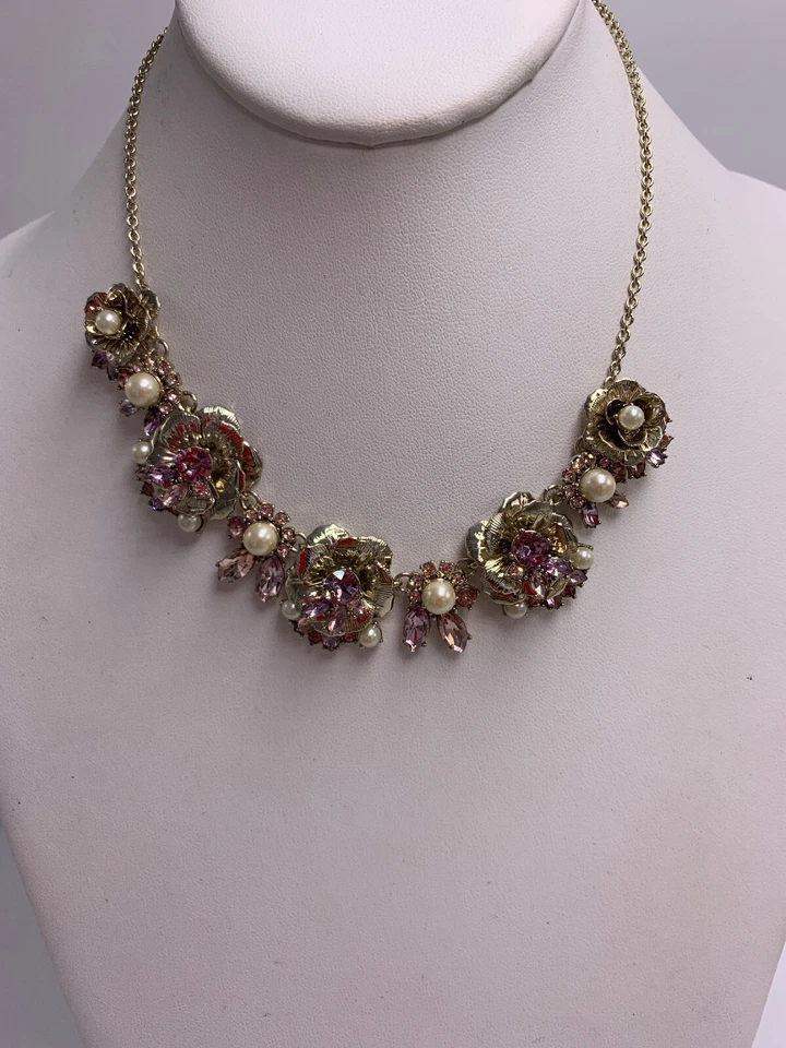 Marchesa gold tone crystal faux pearl flower statement necklace #501K