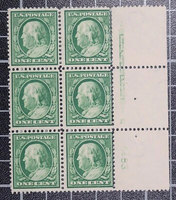 Scott 374 1 Cent Franklin Plate Block Of 6 OG MH Right #5483 SCV $100.00 - Image 1 of 2