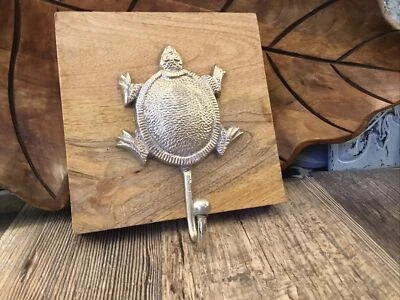 Turtle coat hook on wood made in india Bohemian Beach Sea-life 6x6 Wood Block - Image 1 of 4