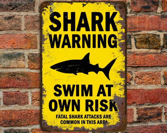 Shark Warning Funny Metal Sign - Image 1 of 1