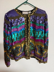 Vintage LAURENCE KAZAR Multicolor Crystal Sequin Retro Deco Jacket Large 80’s - Picture 1 of 10