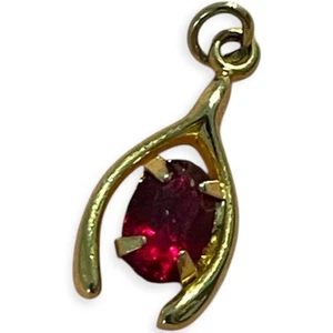 Goldfarbener Wishbone Anhänger Charm mit tiefrotem ovalem Stein - kleiner Glücksschmuck - Bild 1 von 3