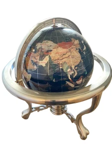 Black Onyx Gemstone Globe With Silver Stand And Compass 14" Tall 9" Diameter - Picture 1 of 6