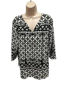 Alfred Dunner Petite Size 18P 3/4 Sleeve Tunic Black White Geometric 3/4 Sleeve - Picture 1 of 5