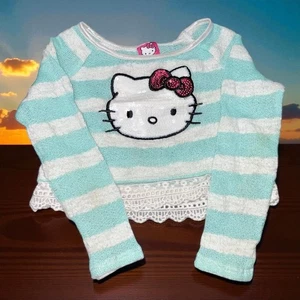 Hello Kitty Girls Kids 6 Sweater Pullover Blue White Stripe Sequin Pink Bow Top - Picture 1 of 12
