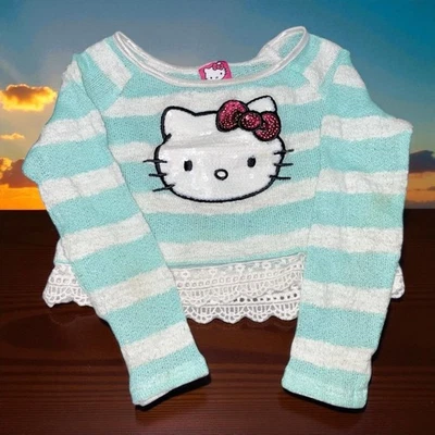 Hello Kitty Girls Kids 6 Sweater Pullover Blue White Stripe Sequin Pink Bow Top - Image 1 of 4