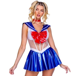 Sailor Moon Costume Mini Dress Vinyl Bib Oversized Bow Choker Star 6367D3 Medium - Picture 1 of 11