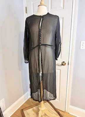 Dash By Kardashian Bata Mujer Negra Lentejuelas Ribete Cintura Corbata Lencería Transparente Foto 1 de 4