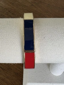 Patriotic Red White Blue Enamel Gold tone USA Flag Bangle Push in Bracelet DB4 - Picture 1 of 5