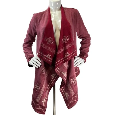 Cárdigan Mono Reno Mujer Talla S Rojo Bordado Solapa Cascada Abierto Nuevo sin Etiquetas Foto 1 de 4