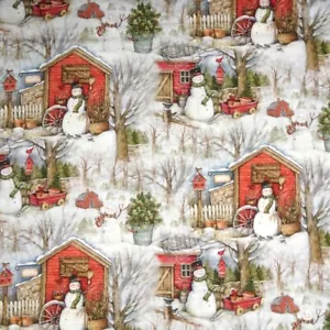 Christmas Fabric - Susan Winget Holiday Barn Snowman Scenic - Cotton YARD - Picture 1 of 1