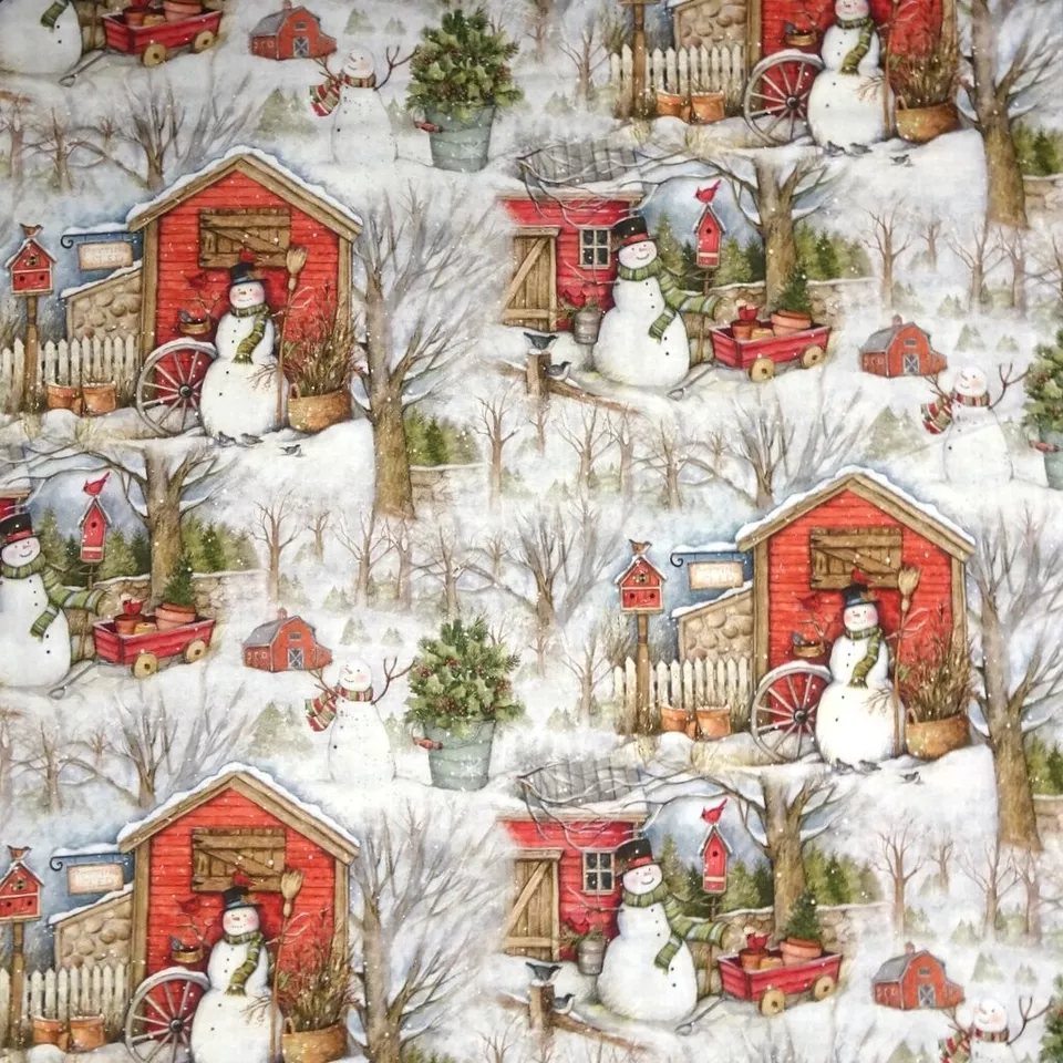 Christmas Fabric - Susan Winget Holiday Barn Snowman Scenic - Cotton 29" - Image 1 of 1