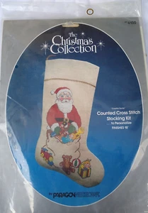 Vtg NOS Paragon Needlecraft Kit 6150 Country Santa Counted Cross Stitch Stocking - Picture 1 of 5