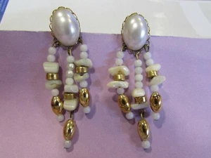 VINTAGE goldtone & white bead dangle pierced earrings - about 2 3/4" long - Picture 1 of 4