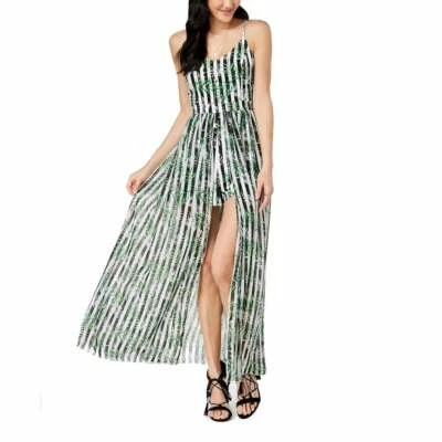 XOXO Women's Junior Stripe Leaf Print V-Neck Layered Romper Green Black White S - Image 1 of 3
