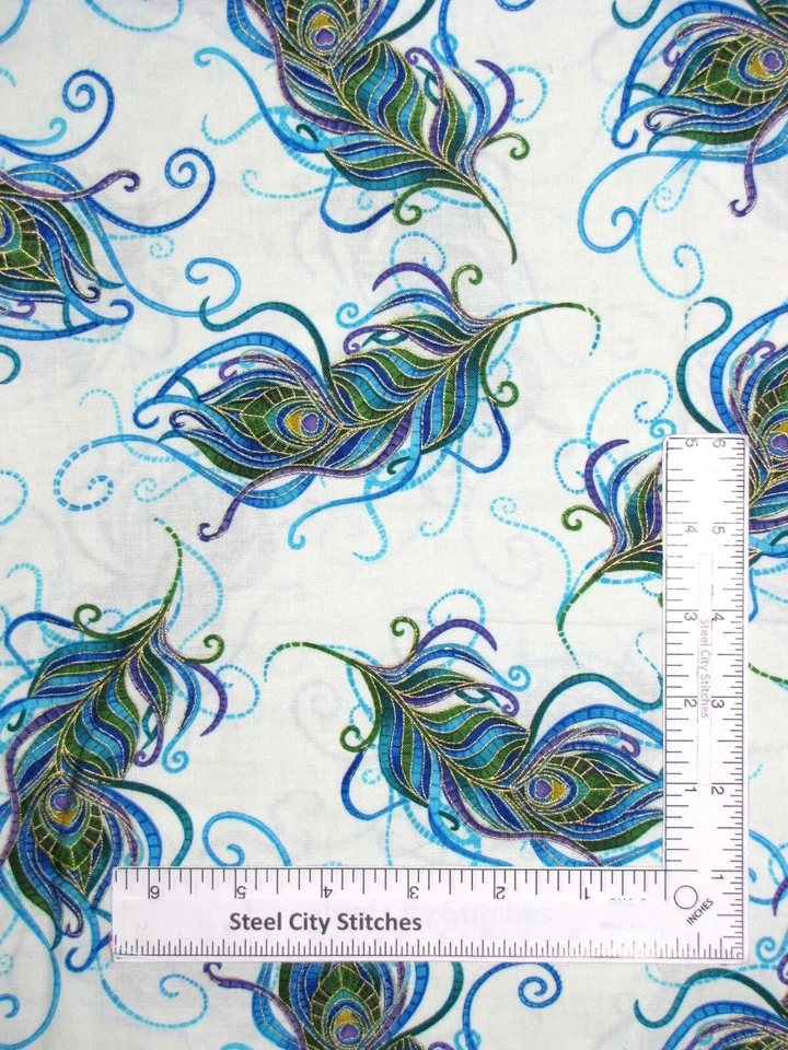 Tela de pluma de mosaico plumas de pavo real algodón tesoros atemporales CM7830 14"X44" Foto 1 de 1