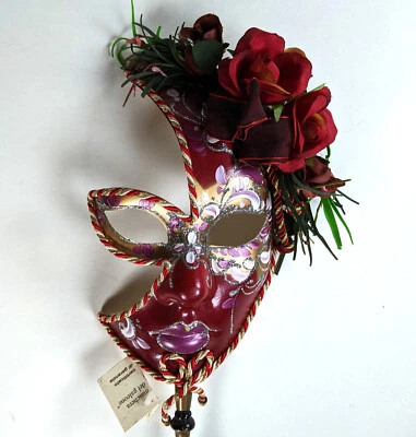 VTG Authentic Venetian Mask on Stick  Face Mardi Gras Red & Gold Roses with Tag - Image 1 of 4