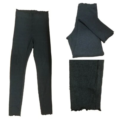 Ex H&M Ribbed Leggings Cotton Blend with Frill Waist and Hem Dark Grey - Image 1 of 4