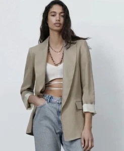 Zara Blazer Beige Linen Flip Cuff Open Front Minimalist Lagenlook Sz M NWT - Picture 1 of 9