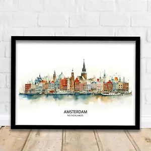 Amsterdam Skyline Print Dutch Cityscape Art Canal Houses Poster Netherlands Urba - Picture 1 of 9