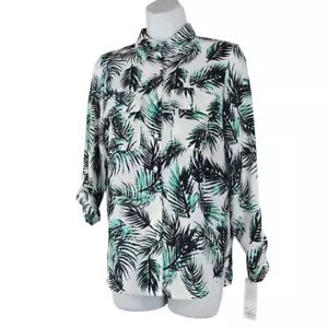 Apt 9 Top Damen XS weiß schwarz grün Polyester lange Rollriegelärmel tropisch - Bild 1 von 14