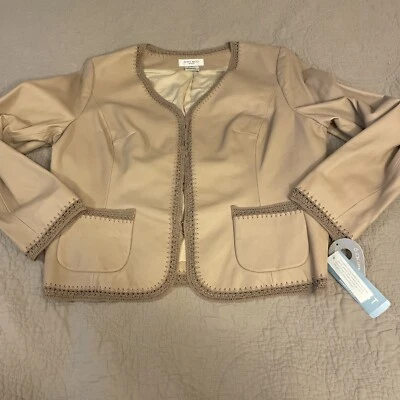 NWT Nine West Woman Khaki Brown Leather Jacket Crochet Lace Trim Size 1X XL New - Image 1 of 4