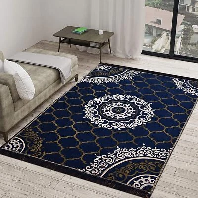 Premium Exclusive Chenille Living Room Carpet Area Rug Durries Navy Blue 3x5 ft - Image 1 of 4
