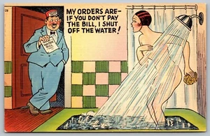 Humor Postcard Naked Lady in Shower My Orders Are Water Bill 1930s Linen L1 - Picture 1 of 2