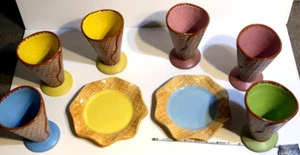 Hallmark Ice Cream Waffle Cone Cup Dish Set Of 6 + 2 Williams Sonoma ceramic - Picture 1 of 8