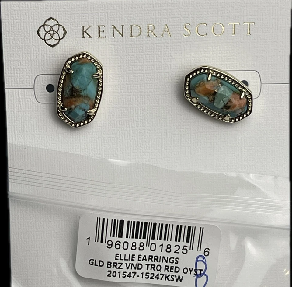 Kendra Scott Ellie VTG Gold Etch Frame Stud Earrings Bronze Veined 9608801825 -8 - Image 1 of 4