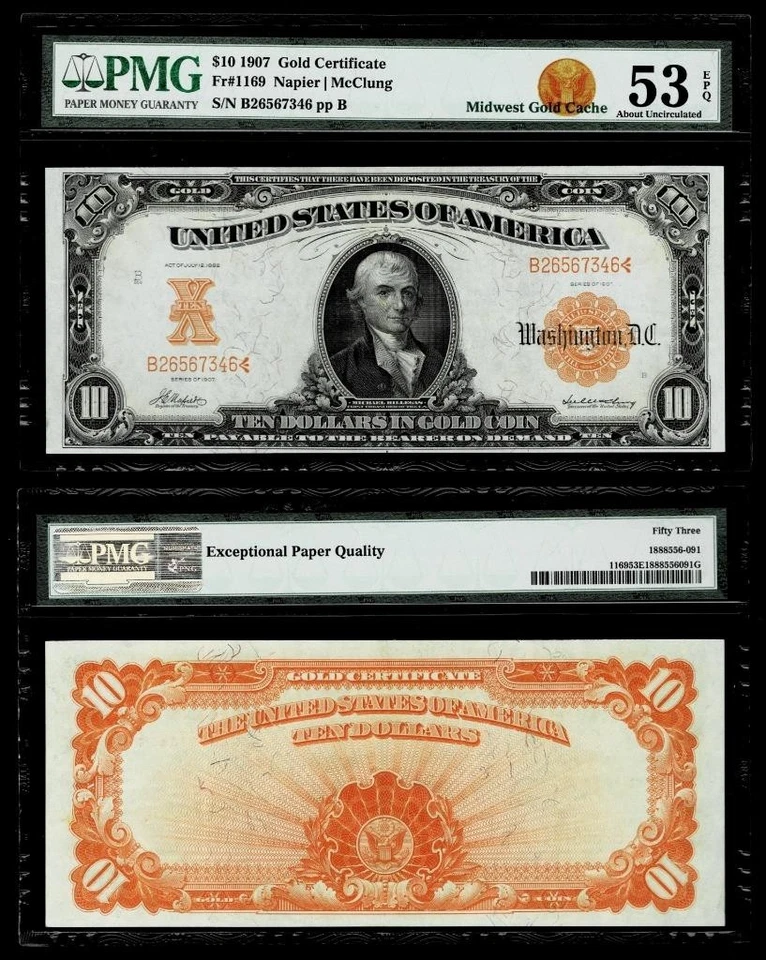 FR.#1169 1907 $10 Gold Certificate Note, PMG About Uncirculated 53 EPQ - Image 1 of 1