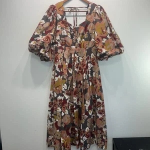 &Merci Fall Floral Puff Sleeve Back Smocking Maxi Dress Cotton Size S - Picture 1 of 11