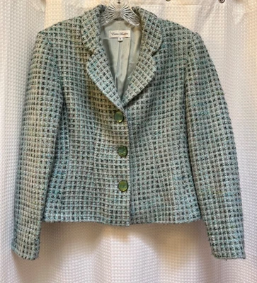 Blazer Vintage ENRICO BALDINI Clásico Forrado de 3 Botones Estilo Aqua Tweed Talla 6 Foto 1 de 4