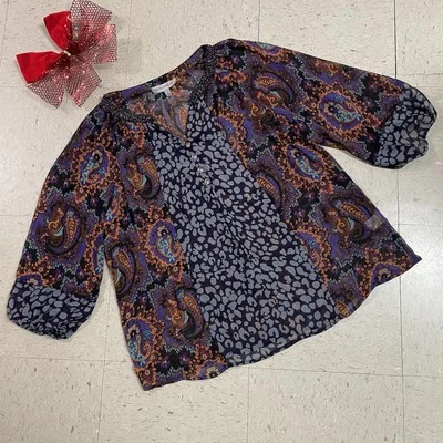 Blusa FIGUEROA & FLOWER Talla L Multiprint Floral Paisley Leopardo Cuentas Top Transparente Foto 1 de 4