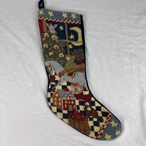 Vintage Christmas Teddy Bears Embroidery Needlepoint Christmas Stocking 20” - Picture 1 of 6