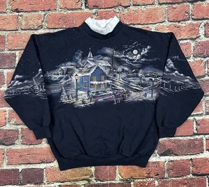Vintage Art Unlimited AOP Sweatshirt Snowy Winter Town Scene Navy Blue Large 90s - Bild 1 von 10