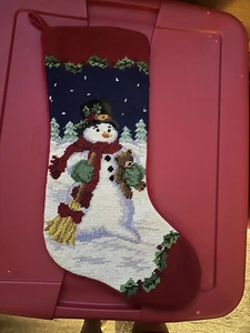 Needlepoint Christmas Stocking Snowman Holding Teddy Bear - Picture 1 of 3