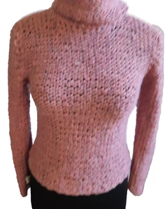 Maglione lavorato a mano cropped grosso rosa girocollo lana calda e spessa taglia S - Foto 1 di 9