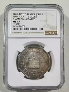 France 1854 Jeton Feauardent-12 D' Amiens notaries silver medal ngc ms63 - Picture 1 of 4